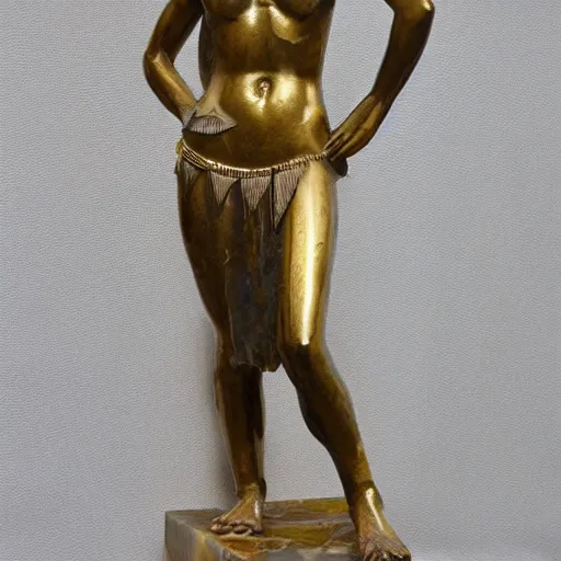 Prompt: marble statue with gold trim of an amazonian warrior woman, grecian