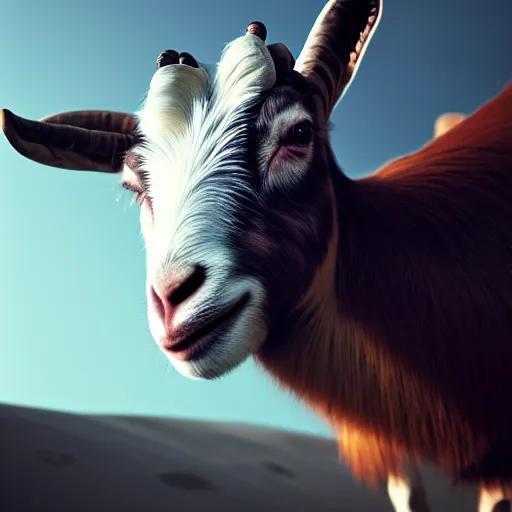 Image similar to professional photo goat on four feet on the moon, closeup shot, hyperrealistic masterpiece, trending on artstation, cgsociety, kodakchrome, golden ratio, cinematic, composition, beautiful lighting, hyper detailed, sharp focus, octane render, 4 k, unreal engine