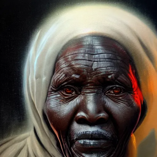 Image similar to a painting of a wise elder from Kenya. dramatic angle, ethereal lights, details, smooth, sharp focus, illustration, realistic, cinematic, artstation, award winning, rgb , unreal engine, octane render, cinematic light, macro, depth of field, blur, red light and clouds from the back, highly detailed epic cinematic concept art CG render made in Maya, Blender and Photoshop, octane render, excellent composition, dynamic dramatic cinematic lighting, aesthetic, very inspirational, arthouse.