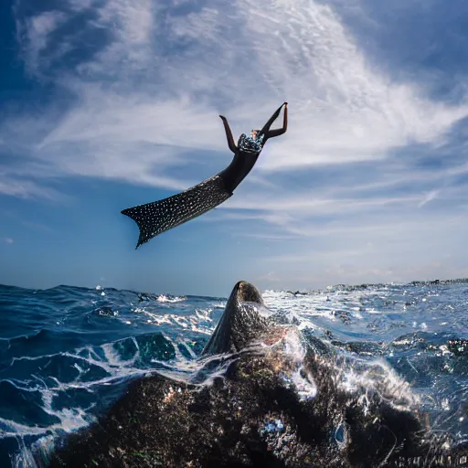 Prompt: A Data Scientist standing on a rock in the middle of the ocean holding a trident. you can see a whaleshark jumping from the water in the foreground. Wide angle photography. Fast shutter speed, high speed, action photo, 1/1000 sec shutter