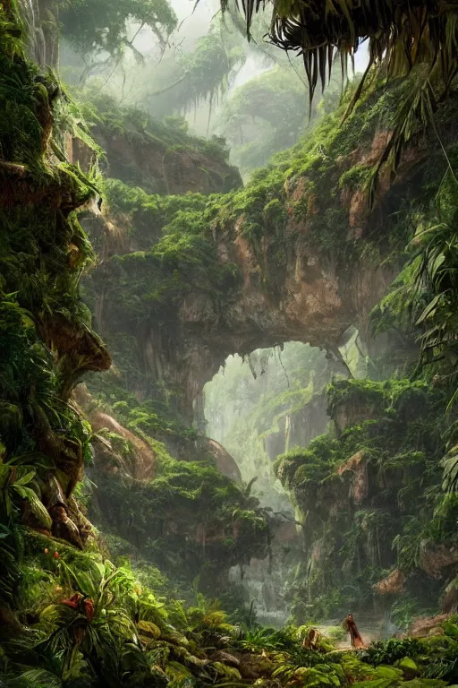 Image similar to the lost valley, rock arcs, lush vegetation, exotic forrest and plants, landscape, alex ross, eddie mendoza, raphael lacoste, sebastian ludke, concept art, matte painting, highly detailed, rule of thirds, dynamic lighting, cinematic, detailed, magnificiant landscape, denoised, centerd