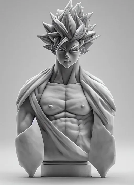 Prompt: an orthographic bust white marble sculpture of goku, by Wes Anderson