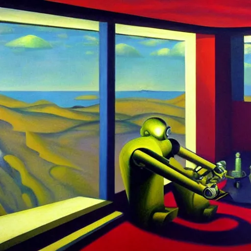 Image similar to robot overlords, observation deck, spaceship interior, view of earth, pj crook, edward hopper, oil on canvas