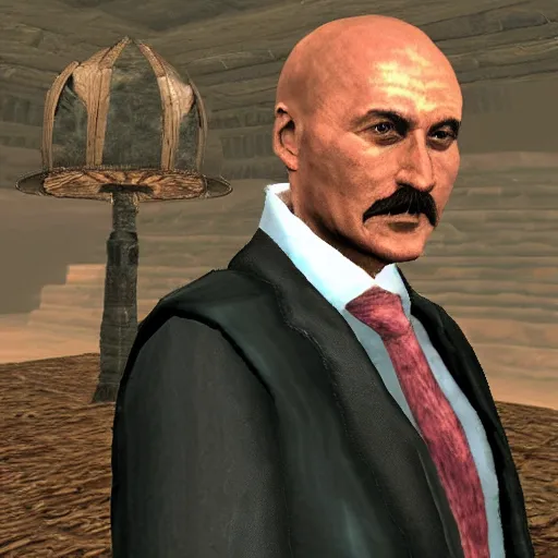 Image similar to Alexander Lukashenko wearing a suit and tie in Balmora in Elder Scrolls III: Morrowind, outdated 2002 Morrowind graphics, low definition, lowpoly