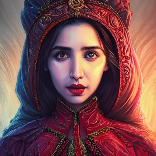 Prompt: head-on centered symmetrical painted portrait, Mahira Khan as a D&D wizard, intricate red fantasy robes, fantasy, intricate, elegant, highly detailed, digital painting, smooth, sharp focus, illustration, dramatic lighting, artstation, in the style of Artgerm and Anna Podedworna and Alex Ross