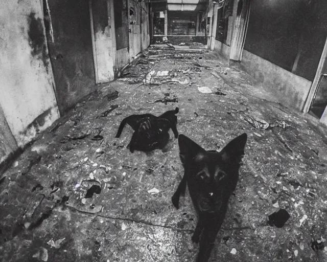 Prompt: camera footage of a Several Aggressive Feral Black Dogs with severe late stage rabies Chasing a young woman in an abandoned shopping mall, high exposure, dark, monochrome, camera, grainy, CCTV, security camera footage, timestamp, zoomed in, Creepy, Feral, fish-eye lens, Nightmare Fuel, Zombie Dog, Evil, Bite, Motion Blur, horrifying, lunging at camera :4