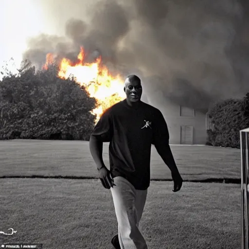 Prompt: a photo of a house burning down in the background and michael jordan with an eerie expression in the foreground, strong depth of field