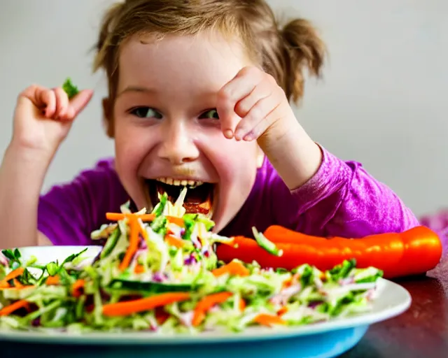 Image similar to Child happily eating vegetable slaw, tasty sliced chopped veggie dish, award-winning photograph!
