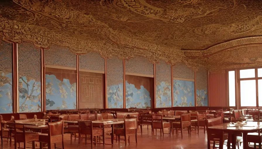 Image similar to 2010s movie still of empty north-korean royal restaurant palace post-stalinist style, eastmancolor, heavy grain, high quality, higly detailed