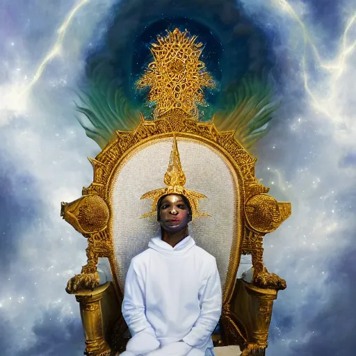 Image similar to obatala the cosmic god wearing all white and gold sitting on a throne of nebula clouds, by Adi granov and afarin sajedi in a surreal portrait style, oil on canvas, volumetric lighting, glowing eyes, detailed face, orisha, 8k, hd