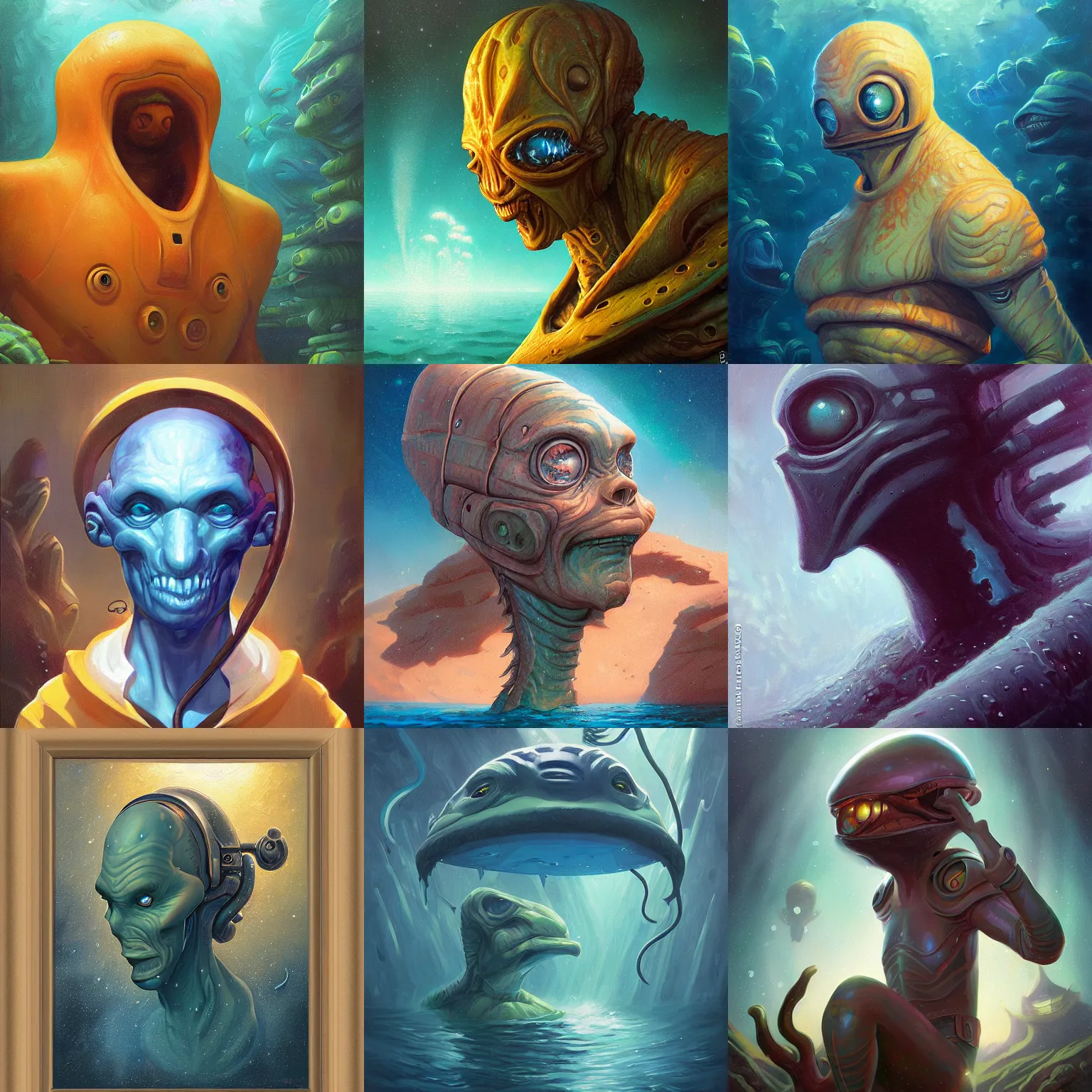 Prompt: extraterrestrial aquatic portrait, three quarter view, painted by andreas rocha
