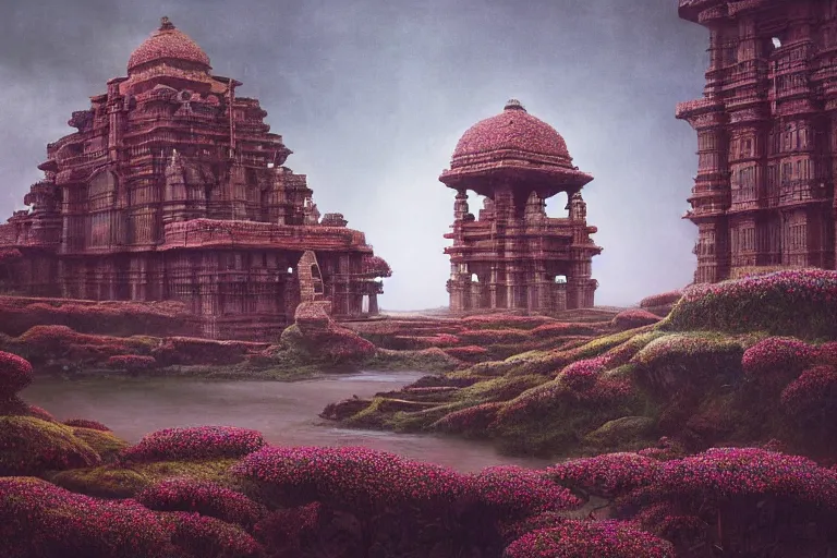 Image similar to photography of a beautiful archipelago of never seen before stunning ancient indian temple. intricate pilars patern, runes. flowers. inspiring science fiction, intricate, elegant, uplifting, inspirational, highly detailed by beksinski and simon stalenhag