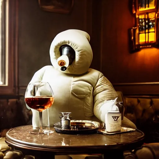 Image similar to cinematic photo of a taxidermied michelin man drinking a scotch on the rocks in a fancy old fashioned smoking room