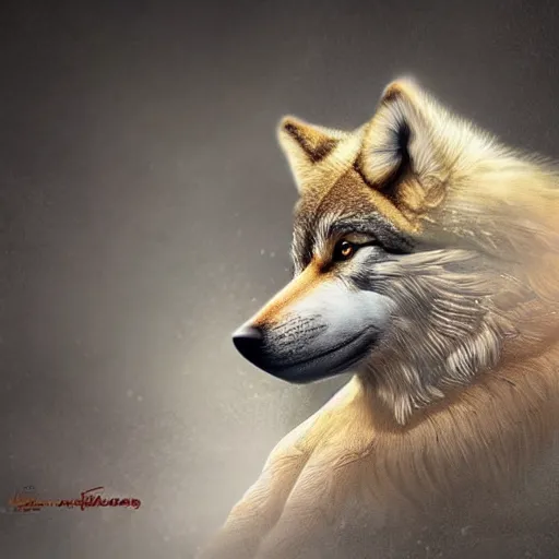 Image similar to professional stylized full - body digital art of a side profile of a tibetan wolf, light tan fur, fluffy, falling leaves, hd, 8 k, highly detailed, high quality, cute