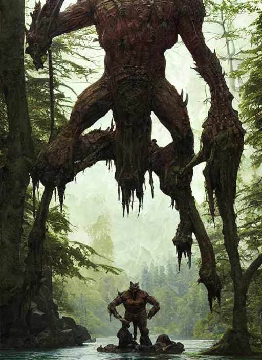 Prompt: huge hulking brute swamp demon king like martyn ford and rich piana standing by river canadian rockies midday by sergey kolesov and lawrence alma tadema and norman rockwell and greg staples and craig mullins and john berkey and ruan jia, artstation creature art