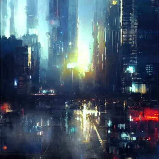 Prompt: beautiful cyberpunk cityscape, sun setting, volumetric clouds, painting by jeremy mann