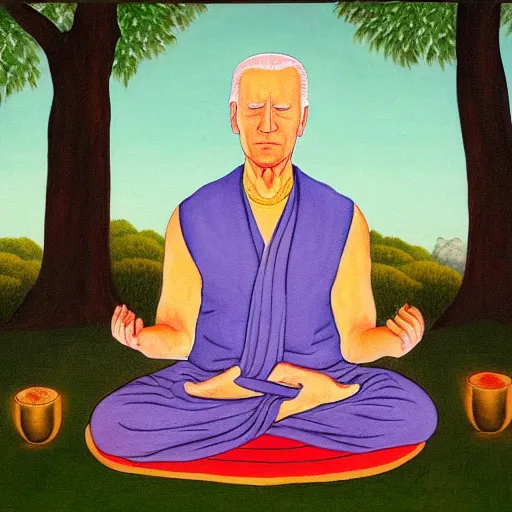 Prompt: joe biden meditates under the bodhi tree, tempera on wood