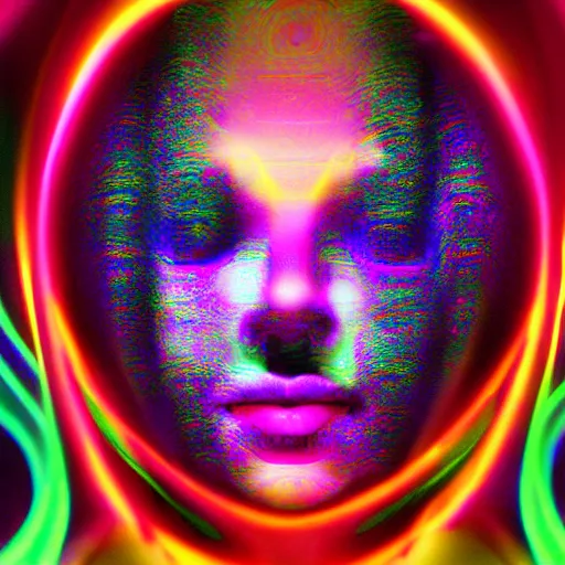 Image similar to incredible digitized fractalizing infinity girl of innocence and macabre intent eyes glowing iridescent volumetric neon