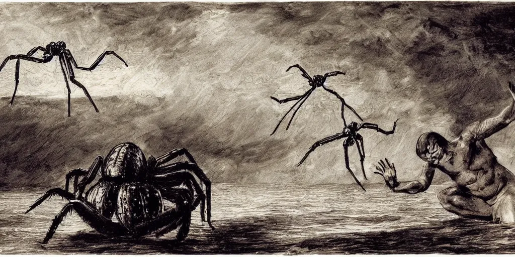 Image similar to hyperrealism Baptism on the river, monster spider in style of Goya