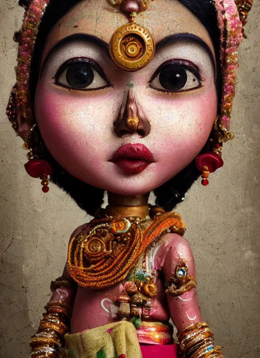 Image similar to closeup portrait of tin toy india sari girl trap, depth of field, zeiss lens, detailed, symmetrical, centered, fashion photoshoot, by nicoletta ceccoli, mark ryden, lostfish, breathtaking, 8 k resolution, extremely detailed, beautiful, establishing shot, artistic, hyperrealistic, octane render