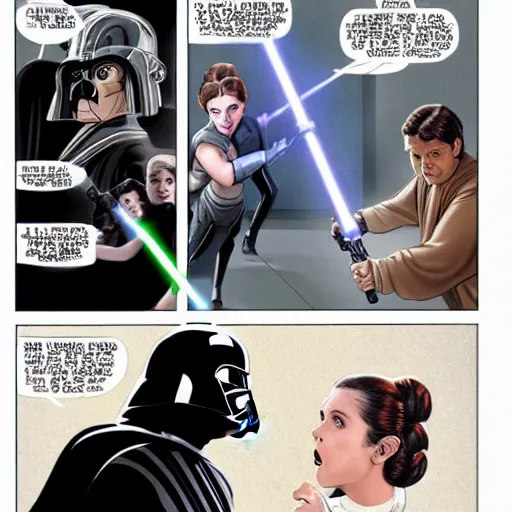 Image similar to princess leia fighting darth vader in a lightsaber battle