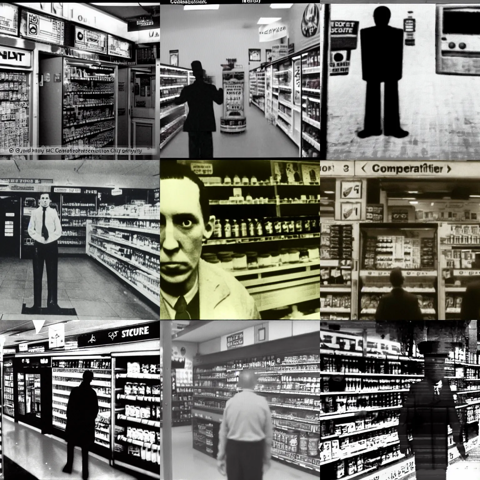Prompt: a creature in the style of hp lovecraft standing in a convenience store, blurry, cctv footage, security footage