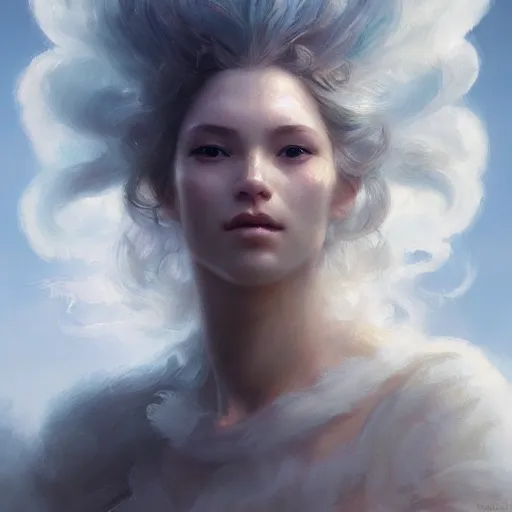 Image similar to a beautiful portrait of a cloud goddess by Greg Rutkowski and Raymond Swanland, Trending on Artstation, ultra realistic digital art