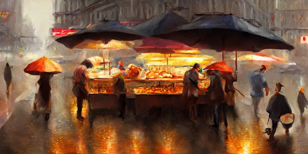 Image similar to Street food vendor prepares your meal as it rains, cozy wallpaper, 4k, high details, volumetric dynamic lighting, motion blur, blur, bokeh, trending on Artstation, award-winning, art by Greg Rutkowski