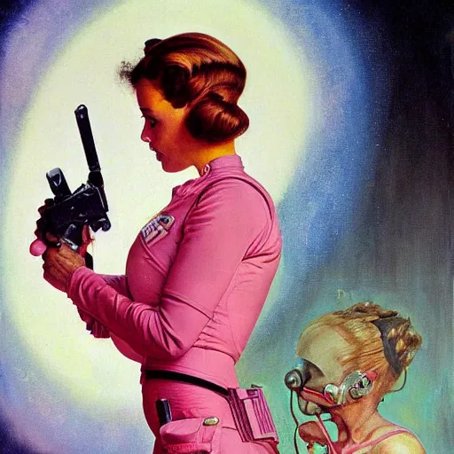 Image similar to Pink sci-fi woman with a gun. Norman Rockwell painting.