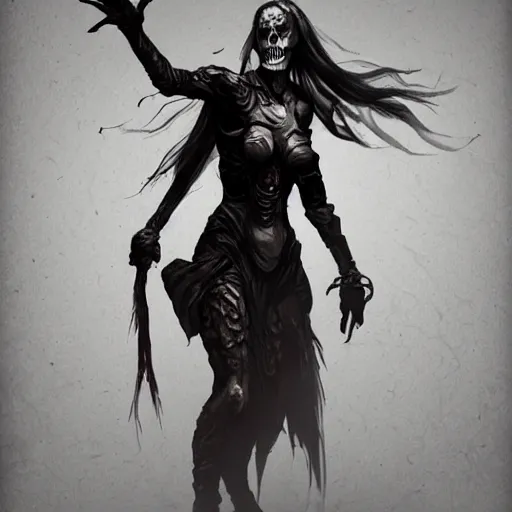 Image similar to female wraith, undead, dynamic pose, skull, terrifying, dark, fog, artstation