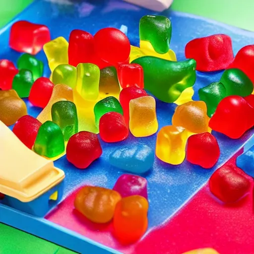 Prompt: gummy bears playing on a miniature playground