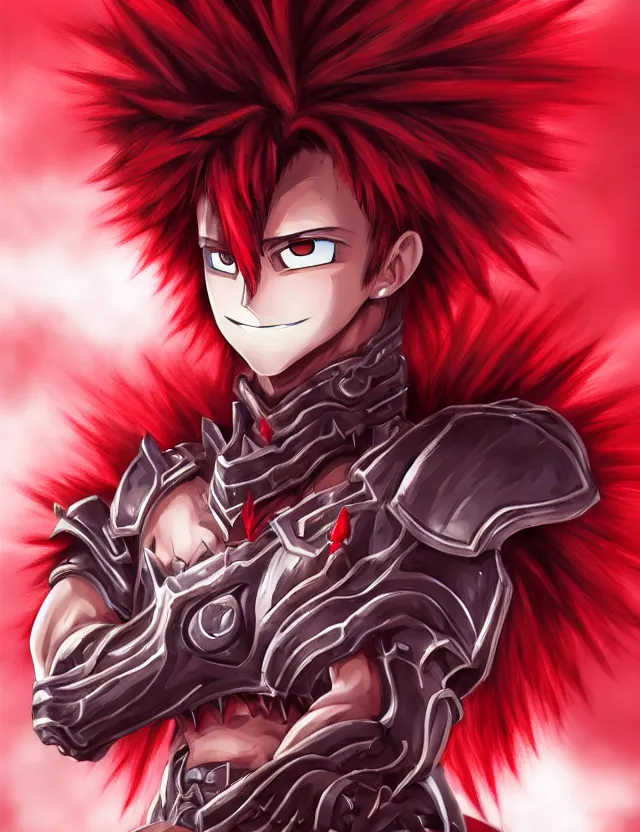 Image similar to a detailed manga portrait of an attractive tall boy with spiked crimson hair and a menacing smile in fiery crimson crystalline armour, trending on artstation, digital art, 4 k resolution, detailed, high quality, sharp focus, hq artwork, coherent, insane detail, character portrait