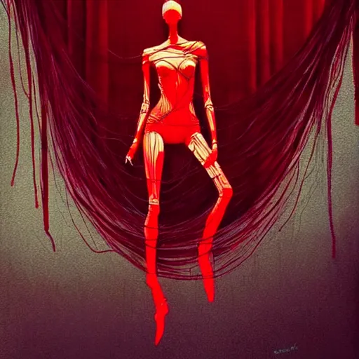 Image similar to dancing strings puppet surrounded by red curtains by Conrad Roset and Nicola Samuri, rule of thirds, seductive look, beautiful, intricate, dystopian, sci-fi, extremely detailed, digital painting, artstation, concept art, smooth, sharp focus, illustration, intimidating lighting, incredible art, details visible, very dark ambiance