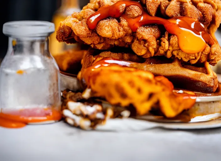 Image similar to dslr food photograph of a belgian waffle with fried chicken on top drizzled with maple syrup and a bottle of hot sauce on the side, 8 5 mm f 1. 8