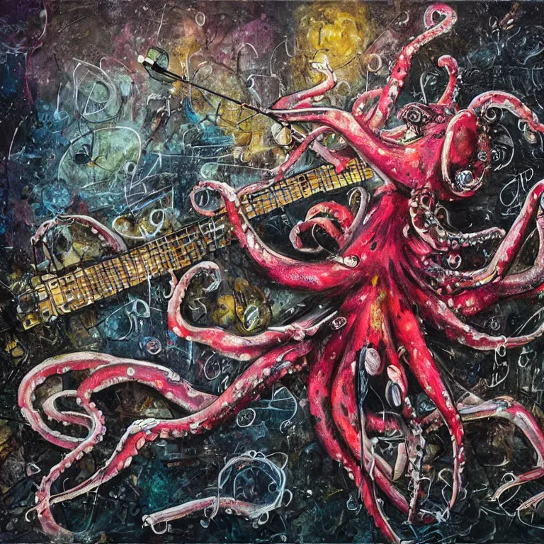 Image similar to a beautiful painting by bordalo ii of an octopus playing drums and telecaster guitar in an electronic concert, dark background, concert light, dark mood, warm lights