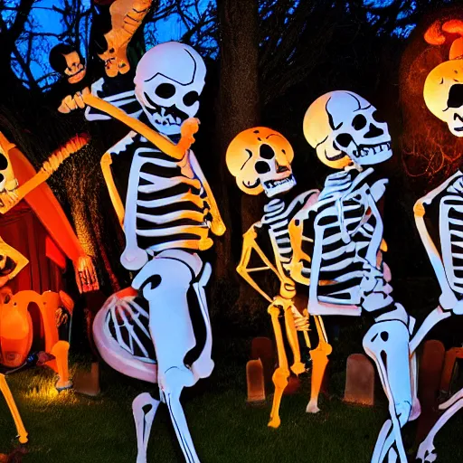 Image similar to skeletons disney style dancing in graveyard party happy