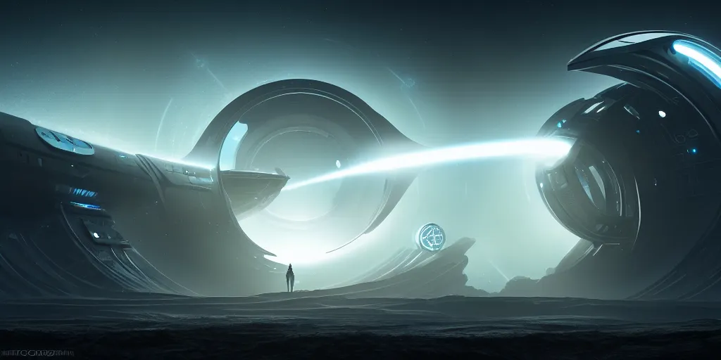 Image similar to giant tubular spaceship in deep space, portal, day, ultra high definition, ultra detailed, symmetry, god rays, sci - fi, dark fantasy, by paul chadeisson and denis villeneuve