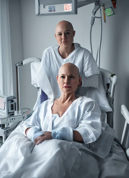 Image similar to medium shot, photo of a beautiful bald 4 0 year old woman hospital patient sitting in a hospital room, wearing a hospital gown, with an iv drip, hopeful. studio lighting, 3 5 mm, marketing photo by charlie waite, max rive, caroline foster.