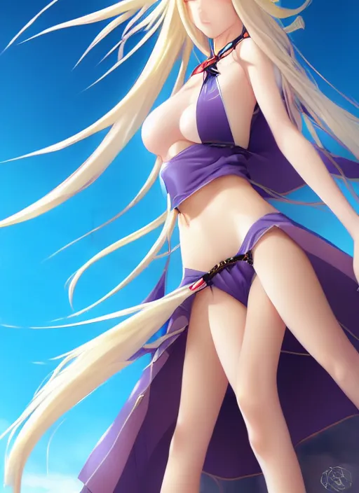 Image similar to a very beautiful young anime giantess from below, full body, long wavy blond hair, sky blue eyes, full round face, evil grin, bikini, miniskirt, front view, mid - shot, highly detailed, cinematic wallpaper by stanley artgerm lau