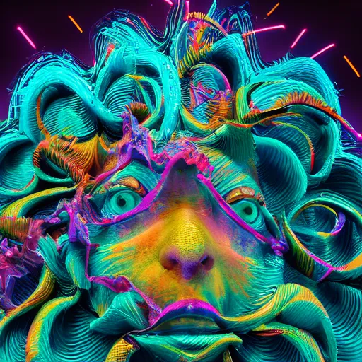 Prompt: francis - bacon, lisa - frank, the - dark - crystal, blippi, ultra - detail, high - resolution, octane - render, dramatic colors,