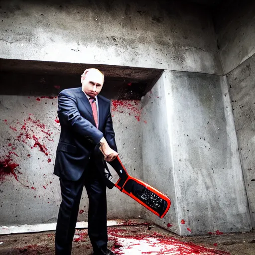 Image similar to putin with a chainsaw and a corpse. in a concrete bunker. focus on putins face with blood splatters. canon eos r 3, f / 1. 4, iso 1 6 0 0, 1 / 8 0 s, 8 k, raw, grainy