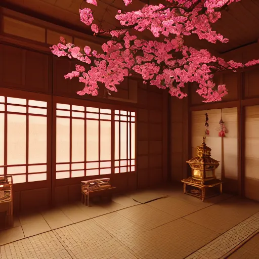 Image similar to shintoist temple interior, detailed, jewelry, sakura,photograph, award wining, red and white, trending on artstation, 4k, unreal engine 5, octane render, neon highlights