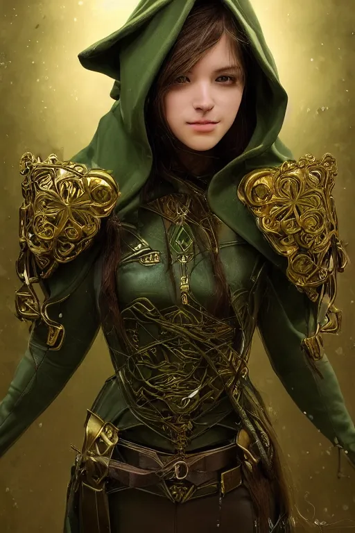 Image similar to a beautiful photo of a young woman, green elf ranger with long flowing hair and a green leather hood, elf ranger leather armor with olive green and brown colors and gold lining, young female face, cinematic top lighting, insanely detailed and intricate, face by wlop, Charlie Bowater, designs by zhelong xu and gustave doré, golden ratio, symmetric, elegant, ornate, luxury, elite, matte painting, cinematic, trending on artstation, deviantart and cgsociety, 8k, high resolution