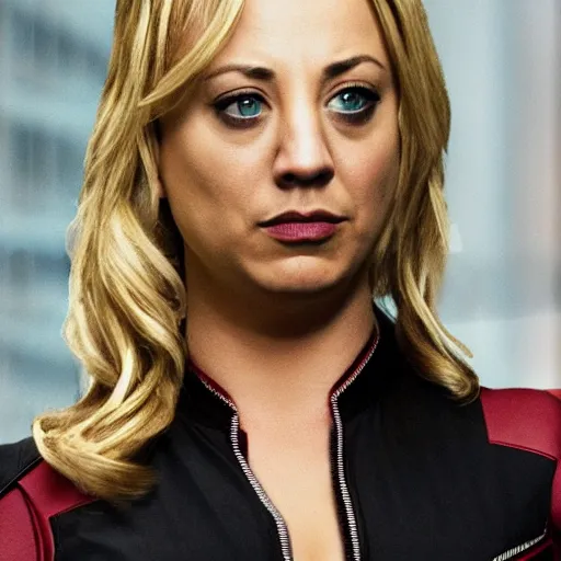 Image similar to Kaley Cuoco as Black Widow in Iron Man, movie screencap