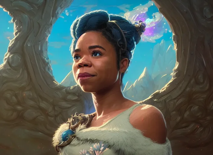 Prompt: highly detailed surreal vfx portrait portrait of regina hall as a moon goddess in breath of the wild, stephen bliss, unreal engine, fantasy art by greg rutkowski, loish, rhads, ferdinand knab, makoto shinkai and lois van baarle, ilya kuvshinov, rossdraws, tom bagshaw, global illumination, radiant light, detailed and intricate environment