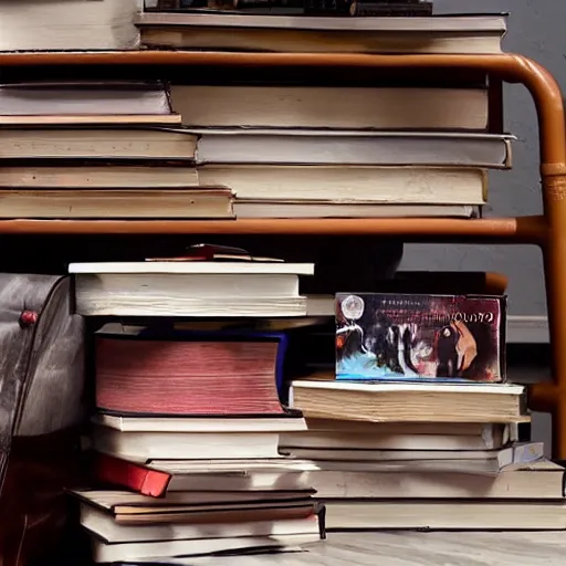 Image similar to a pile of books on a bedside table, from netflix show, stranger things ( 2 0 1 6 )