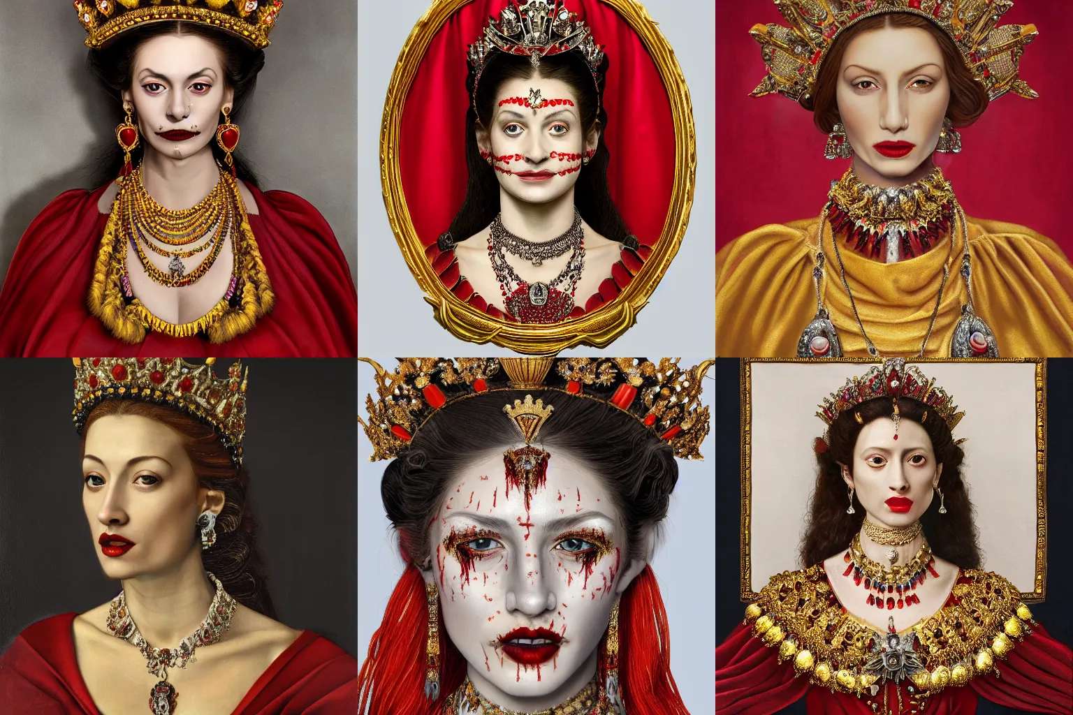 Image similar to A extremely highly detailed majestic hi-res beautiful head and shoulders painting of a beautiful bloody vampre woman with fangs wearing a long royal red silk dress, the crown jewels is on her head and around her neck is a ornate golden necklace decorated with diamonds and rupees by Michelangelo Merisi da Caravaggio, high detail, hyperrealistic, photorealistic, octante render, cinematic, high textures, royaltly, royal, hyper sharp, 4k insanely detailed and intricate, hypermaximalist, 8k, hyper realistic, super detailed, 4k HDR hyper realistic high,