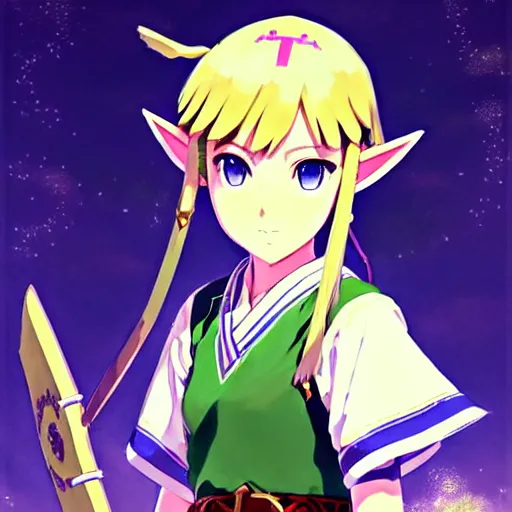 Image similar to a beautiful! young feminine link from botw, wearing japanese catholic school girl outfit with mayan pattern and native style, aztec street fashion, guilty gear art direction, perfect anime face, gapmoe yandere grimdark, trending on pixiv fanbox, painted by greg rutkowski makoto shinkai takashi takeuchi studio ghibli, akihiko yoshida