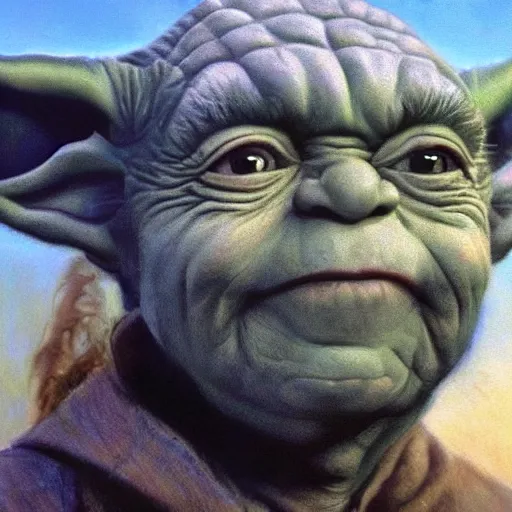 Image similar to ultra realistic portrait painting of tommy lee jones as yoda, art by frank frazetta, 4 k, ultra realistic, highly detailed, epic lighting