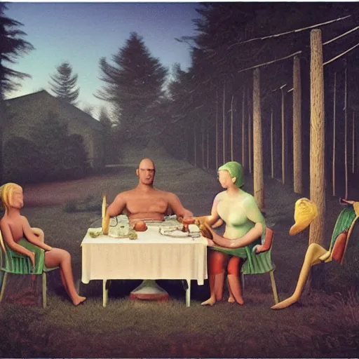 Image similar to a family of cyclops having dinner, by Gregory Crewdson